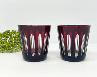 Set of Two Vintage Ruby Red Crystal Low-ball Glasses | Gothic Arch Style Whiskey Tumblers