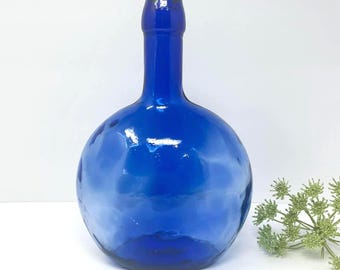Vintage Cobalt Blue Art Glass Bottle | Large Sculptural Vessel | Decorative Home Accent