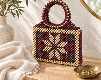 Vintage Beaded Handbag | Boho Geometric Wooden Bead Purse | 1970s Style Retro Top Handle Bag