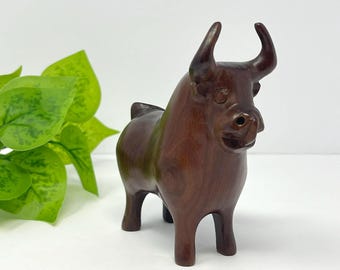 Vintage Hand Carved Wooden Bull Figurine | Hardwood Ox Sculpture | Rustic Farmhouse Decor