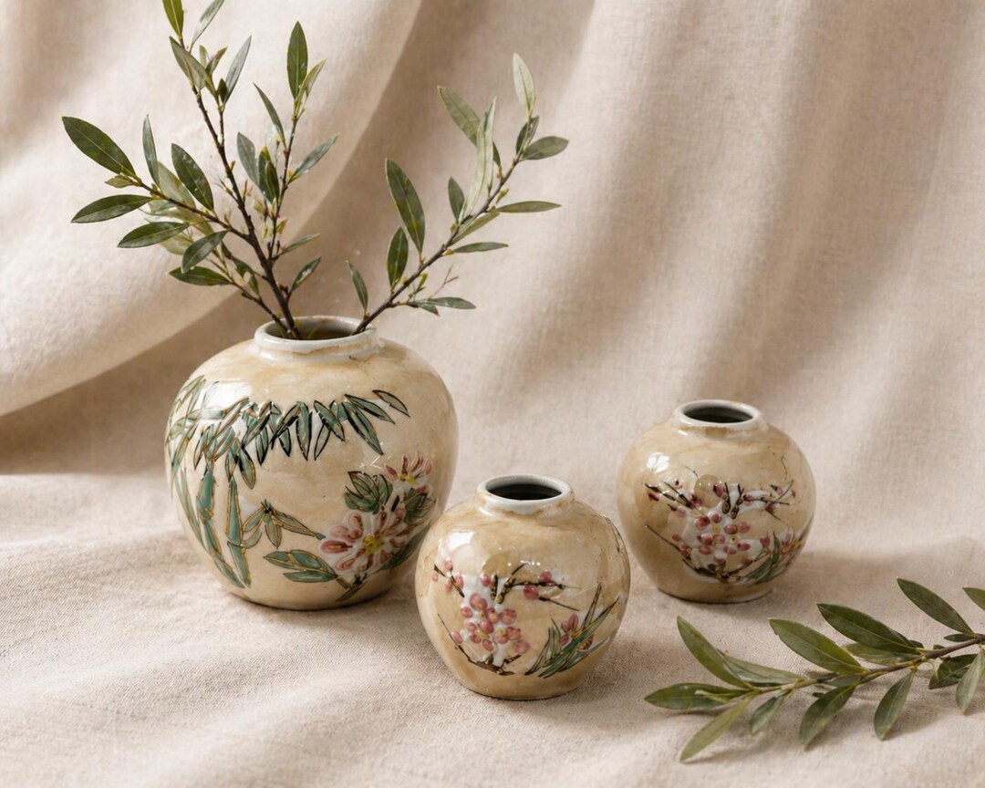 Asian Ceramic Vintage Bud Vase Trio | Hand-painted Bamboo & Blossoms ...