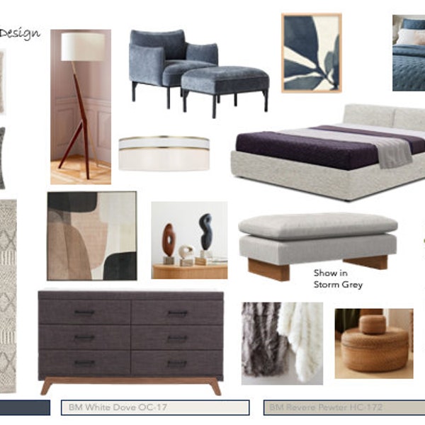 Mid-Tier Modern Bedroom Mood Board, Zen Bedroom, Tranquil Design Scheme, Minimalist Design, Timeless Design Scheme, Cool Colour Scheme