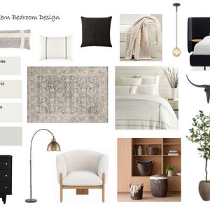 Tablero de estado de ánimo de dormitorio moderno de alta gama, diseño en blanco y negro, diseño de líneas limpias, diseño minimalista, diseño sofisticado, atemporal, neutro