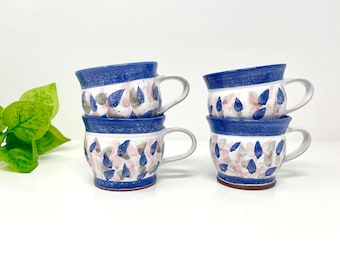 Vintage Hand Painted Terracotta Mugs Set of 4 | Pink Blue Abstract Pattern
