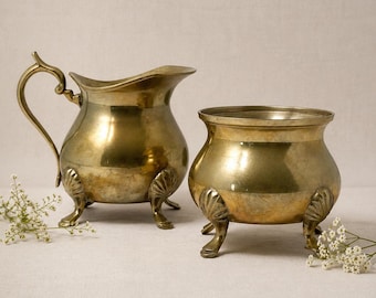 Vintage Brass Sugar Bowl & Creamer Set on Claw Feet | Patina Brass Kitchen Decor