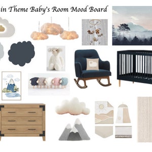 Guardería con tema de montaña, Mood Board, Comprar el look, Enlaces en los que se puede hacer clic, Diseño de habitación del bebé, Descarga instantánea, Diseño electrónico, Servicio de diseño, Diseño virtual