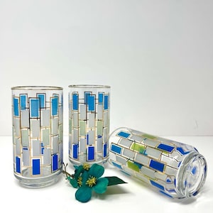 Retro Blue & Green Geometric Glass Set of 3 | Mid Century Barware | Gold Trim Tumbler Glasses | Vintage Drink ware | Drinking Glasses