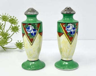Vintage Japan Lusterware Salt & Pepper Shakers | Hand Painted Blue Rose Art Deco Ceramic Set