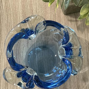Vintage Murano Style Blue Art Glass Bowl | Heavy Freeform Catchall Dish | Mid-Century Modern Decor | Sculptural Glass Ashtray