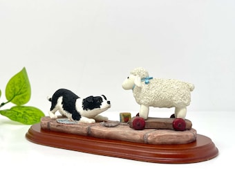 Border Collie Puppy & Toy Lamb Figurine | Hand-Painted Resin, English Country Decor
