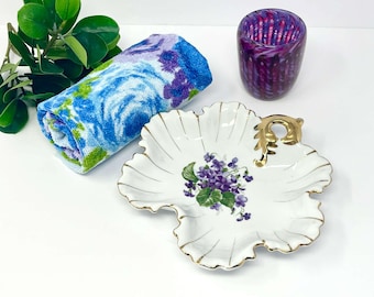 Vintage Bathroom Decor Bundle: Amethyst Glass Tumbler, Violet Trinket Dish, Floral Towel