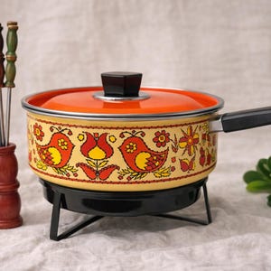 Vintage 1970s Folk Art Bird Fondue Set | Enamel Pot, Stand, Forks