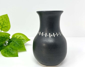 Vintage Mid Century Modern Matte Black Studio Art Pottery Vase | Artist Signed Bud Vase