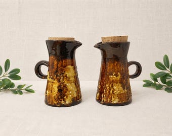 Vintage Canadian Laurentian Artisan Pottery Oil & Vinegar Cruets | Brown and Mustard Drip Glaze