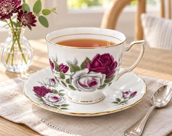 Vintage Colclough 7908 Burgundy Rose Bone China Teacup and Saucer England
