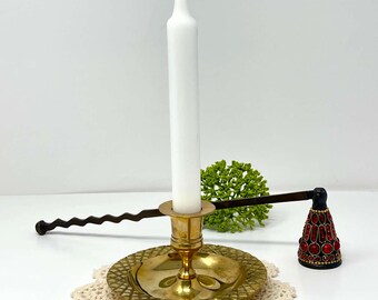 Vintage Brass Chamberstick Candle Holder Set With Jewelled Snuffer and Crocheted Doily