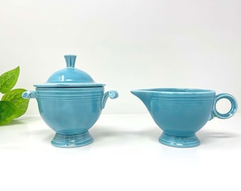 Vintage Fiesta Turquoise Creamer and Covered Sugar Bowl Set | Homer Laughlin
