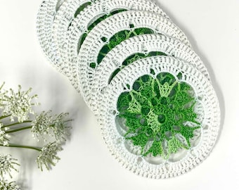 Set of Six Vintage Crochet Covered Glass Coasters | Green White Floral Drink Coasters