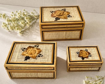 Vintage Philippine Woven Bamboo Nesting Trinket Boxes | Floral Hinged Set of Three