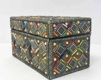 Vintage Indian Beaded Mosaic Jewellery Box | Handmade Velvet Lined Keepsake Box