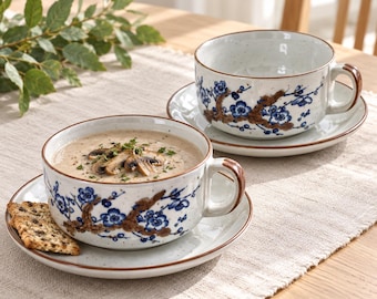 Vintage Plum Blossom Stoneware Soup Bowls With Matching Saucers | Set of Two