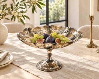 Vintage Silver-Plated Copper Pedestal Dish | 9-Inch Scalloped Compote Bowl