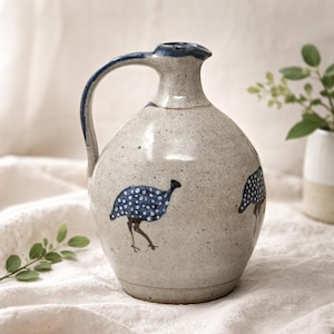 Vintage Handmade Studio Pottery Stoneware Jug | Mid Century Folk Bird Motif Pitcher