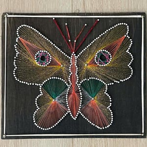 Vintage 1970s Retro Butterfly String Art Wall Decor | Handmade Mid-Century Folk Art