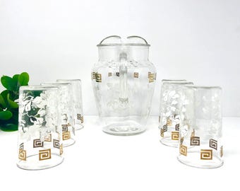 Vintage Anchor Hocking Hibiscus Pitcher and 6 Glasses | Gold Greek Key pattern