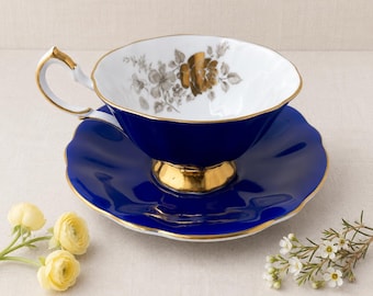 Vintage Queen Anne Cobalt Blue Bone China Teacup and Saucer | Gold Floral