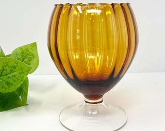 Vintage Amber Empoli Glass Vase | Ribbed Footed Mid-Century Italian Art Glass