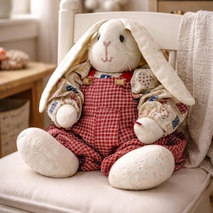 May include: A soft toy bunny with long ears and a stitched face, wearing red gingham overalls and patchwork sleeves. The bunny sits on a white chair with a cream cushion, creating a charming, country-style aesthetic.