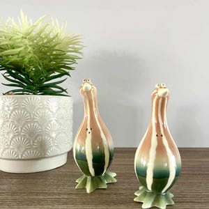 May include: Two ceramic salt and pepper shakers with a striped design in shades of brown, white, and green. The shakers have a bulbous shape with a flared base and a small opening at the top. They are placed on a wooden surface.
