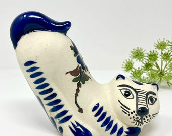 Vintage Tonala Cat Figurine | Hand-Painted Mexican Folk Art Ceramic Decor