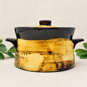 May include: A ceramic cooking pot with a lid, featuring a dark brown glazed upper section and a textured, light yellow lower body with dark brown brushstroke details. The pot has two side handles and a small knob on the centre of the lid.