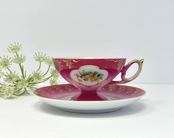 Vintage Shafford Pink Pedestal Teacup and Saucer | Hand Decorated Floral with Gold Detailing
