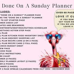 May include: A pink flamingo with sunglasses and a yellow "ADHD Pro" ribbon, against a pink background. The text "Done On A Sunday Planner" is at the top of the image. The text "Over 60 pages included Love It Guarantee" is in a speech bubble. The text "If you don't love it, get your money back!! If you do love it, please leave a review" is inside the speech bubble.