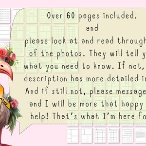 May include: A pink cartoon bird wearing a flower crown and a yellow ribbon with the text "ADHD PRO" is holding a speech bubble. The speech bubble contains the text "Over 60 pages included. and please look at and read through all of the photos. They will tell you what you need to know. If not, the description has more detailed info. And if still not, please message me and I will be more that happy to help! That's what I'm here for."