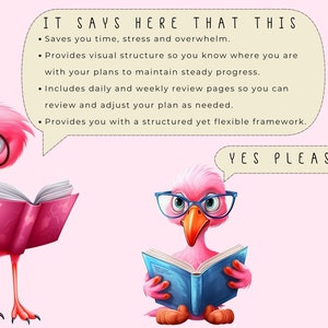 May include: Two pink flamingos wearing glasses are reading books. The flamingo on the left is holding a pink book and the flamingo on the right is holding a blue book. The text in the speech bubble says "IT SAYS HERE THAT THIS &bull; Saves you time, stress and overwhelm. &bull; Provides visual structure so you know where you are with your plans to maintain steady progress. &bull; Includes daily and weekly review pages so you can review and adjust your plan as needed. &bull; Provides you with a structured yet flexible framework. YES PLEASE!!"