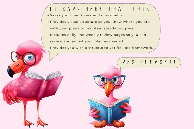 May include: Two pink flamingos wearing glasses are reading books. The flamingo on the left is holding a pink book and the flamingo on the right is holding a blue book. The text in the speech bubble says "IT SAYS HERE THAT THIS &bull; Saves you time, stress and overwhelm. &bull; Provides visual structure so you know where you are with your plans to maintain steady progress. &bull; Includes daily and weekly review pages so you can review and adjust your plan as needed. &bull; Provides you with a structured yet flexible framework. YES PLEASE!!"