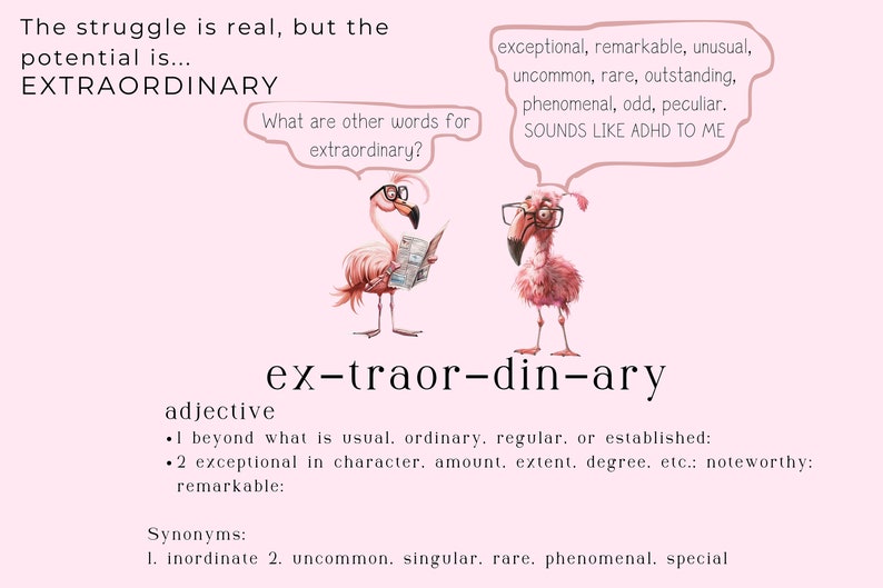May include: Two pink flamingos wearing glasses, one holding a newspaper, with the word "extraordinary" written in large letters and defined as an adjective. The text also includes synonyms for the word.
