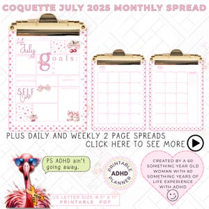 May include: Pink and gold clipboard planner with the text "Coquette July 2025 Monthly Spread." The planner includes monthly, daily, and weekly spreads. The design features polka dots, bows, and the text "Hello July." The planner is US Letter size.