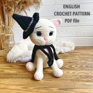 Heks Kat Haakpatroon Halloween Amigurumi Knuffel Pdf-patroon Leuke Kat Home Decor Gemakkelijk te volgen Diy-zelfstudie Schattige kattenspullen