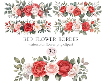Red Flower PNG, Watercolor Floral Border Clipart, Spring, Digital Download
