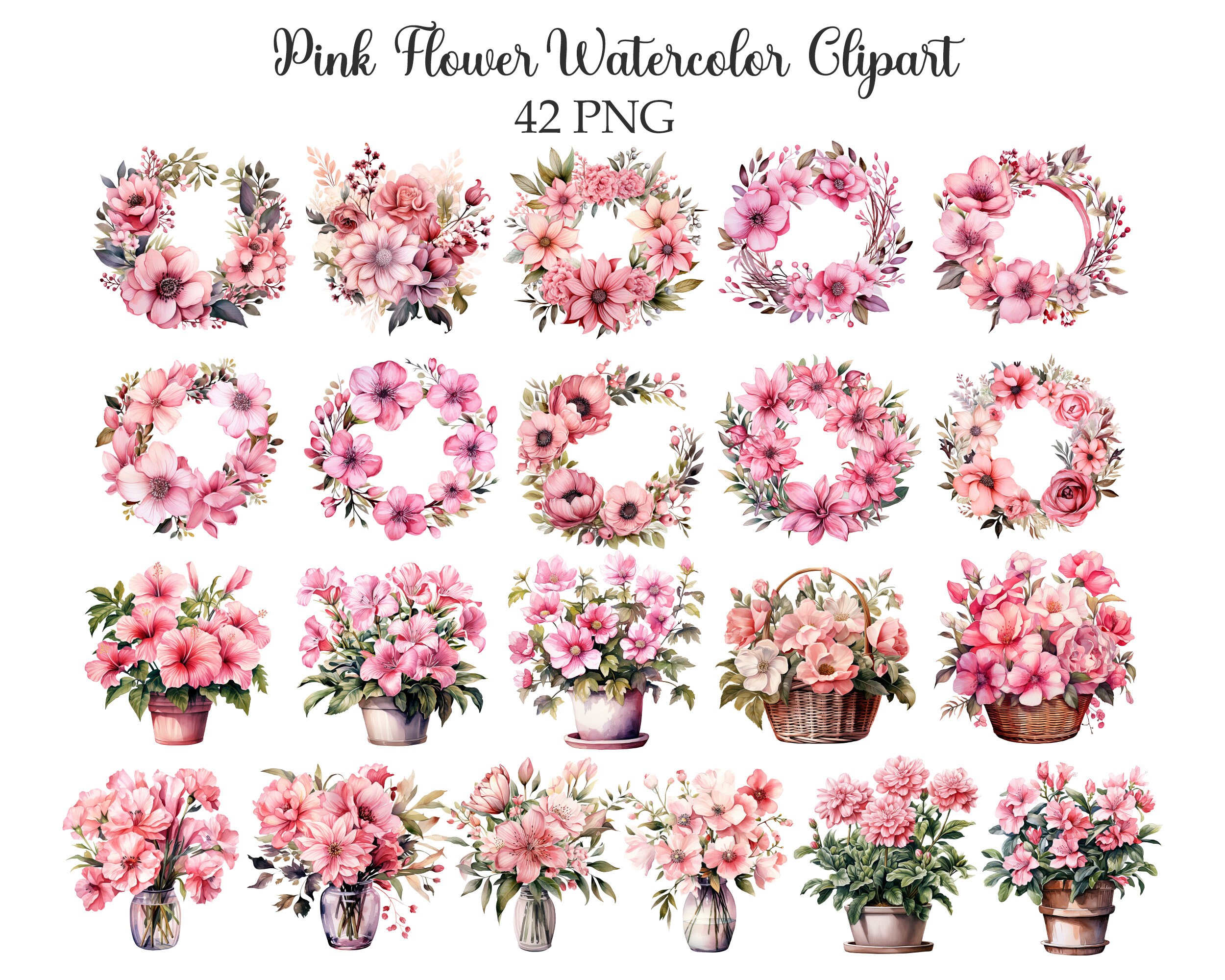 Pink Flower PNG, Watercolor Pink Floral Clipart Bundle, Wedding Bouquet ...
