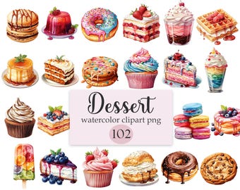 Dessert Clipart, Watercolor Sweet Treats PNG, Digital Download