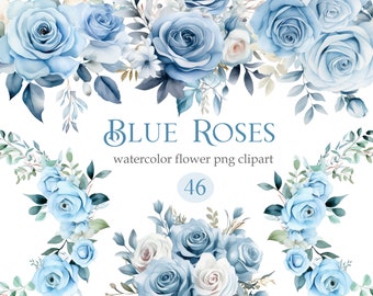 Blue Rose PNG Clipart, Watercolor Blue Rose Clipart Bundle, Roses Bouquet Wreath, Digital Download, Blue Floral Clipart