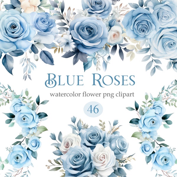 Blue Rose PNG Clipart, Watercolor Blue Rose Clipart Bundle, Roses Bouquet Wreath, Digital Download, Blue Floral Clipart