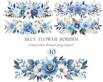 Blue Flower Border PNG, Watercolor Floral Border Clipart, Digital Download