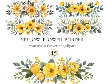 Yellow Flower Border PNG, Watercolor Floral Border Clipart, Spring, Digital Download